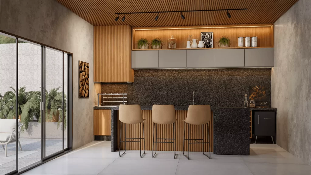 Banqueta Oxford Caramelo em espaço gourmet