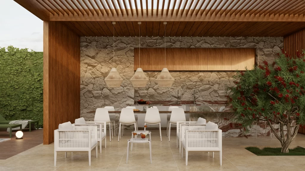 Ambiente externo com sofás Maui 1 Lugar e cadeiras Miami ao fundo - mesa Cozumel ao centro